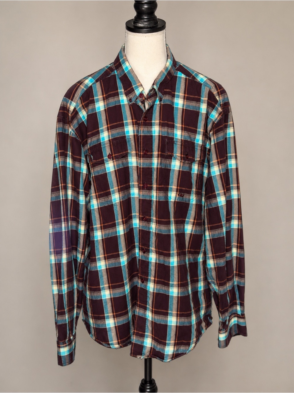 Roper Men’s Large Plaid Western Button Down Shirt Burgundy Teal 100% Cotton